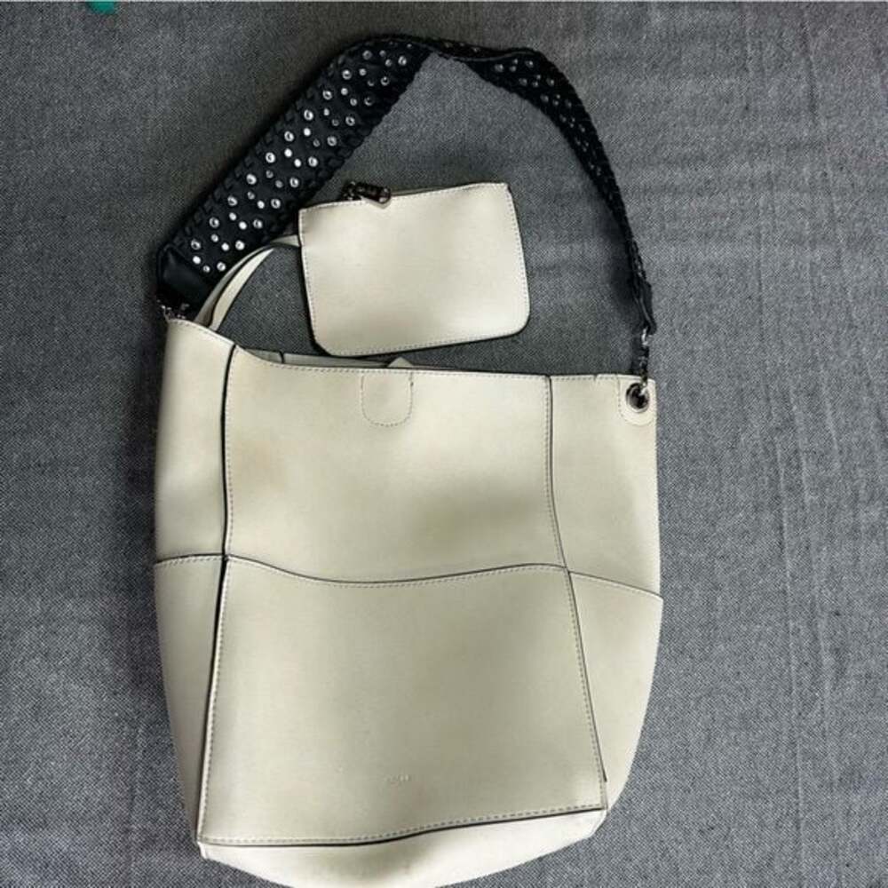 COLAB Ivory Studded Shoulder Bag with Black Strap and Matching Pouch Z78